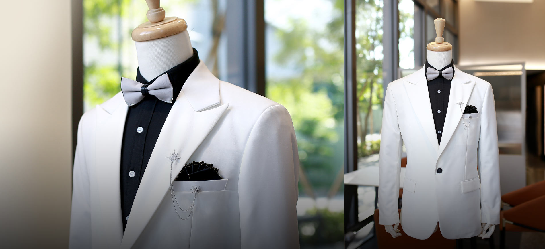 一套白色西裝搭配領結